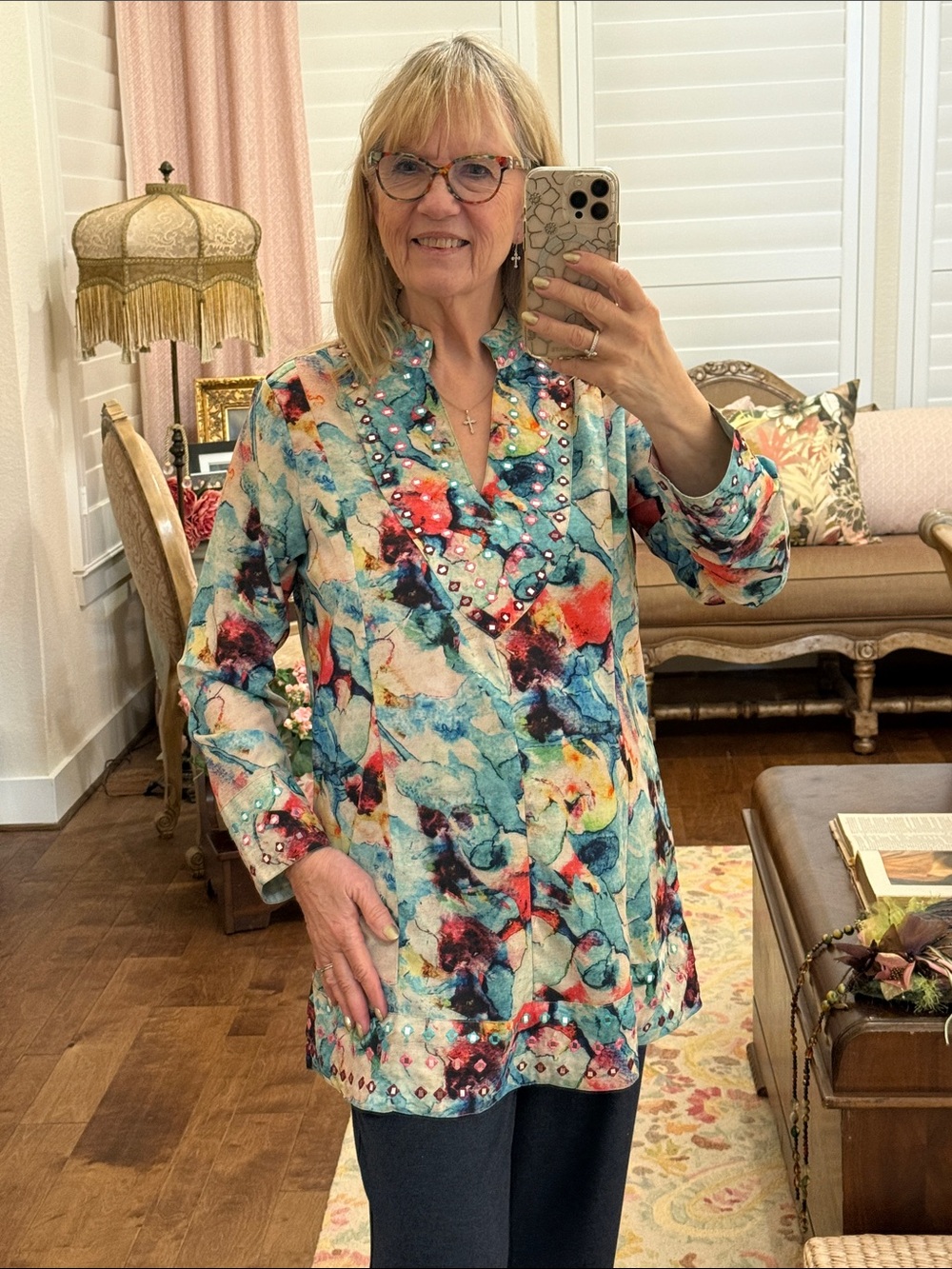 Soft Surroundings Multicolor Floral-Print Tunic in Teal, Coral and cream
